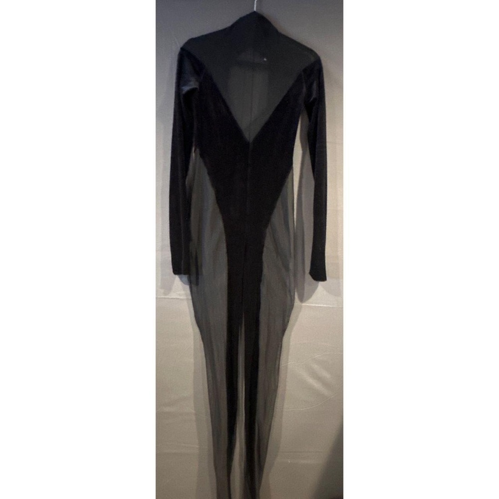 LaQuan Smith Womens M Black Velvet Sheer Mesh Catsuit Ankle Zippers Goth Witchy